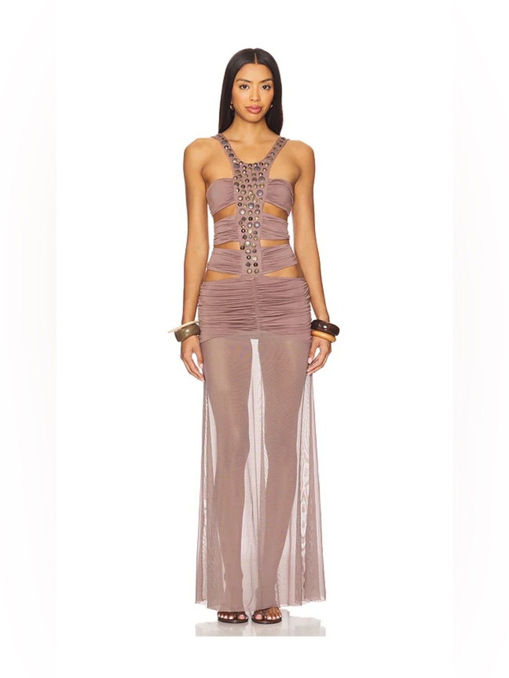 Jaded London 6AM Cutout Crystal Mesh Maxi Dress in Violet